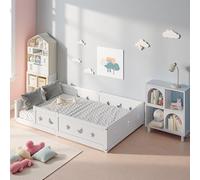 Fofetbfo Letto da pavimento Montessori, 140 x 200 cm, letto singolo per ragazzi e ragazze, in legno di pino massello naturale, per bambini (bianco, 140 x 200 cm)