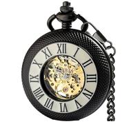 Fogitbok Orologio da tasca meccanico con catena, da uomo, con cassa a carica manuale, analogico, da donna, regalo ideale, nero