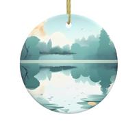 Foglie cadute su un lago tranquillo ornamento da appendere in ceramica, ciondolo rotondo per decorazioni natalizie, souvenir, ornamento da appendere al tavolo