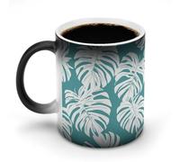 Foglie tropicali bianche su un motivo verde acqua, tazze che cambiano colore, tazza da caffè in ceramica che cambia colore, tazza da tè originale, tazza da acqua divertente per casa e ufficio, 11 once