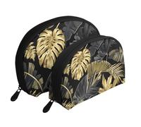 Foglie tropicali nere dorate, Borsa per trucco a conchiglia Portamonete da donna Borsa da toilette piccola Borsa per cosmetici 2 pezzi