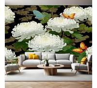 Foglie Verdi Carta da Parati Fotografica Crisantemi bianchi e farfalle Poster Giganti da Parete 400 x 280 cm Soggiorno Divano TV Hotel a Tema Corridoio di Lusso Sfondo Dipinto Murale