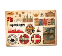 Foglio di adesivi in vinile, formato A5, motivo: Copenaghen, monumenti della Danimarca, stile retrò, vintage, bandiera aeroportuale, viaggi, città, vacanze, paesaggio, estetica #82800