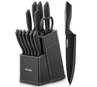 FOHERE Coltelli da Cucina con Autoaffilante, 13 Pezzi, Set Coltelli da Cucina in Acciaio Inossidabile, Ceppo con Blocco in Plastica, Grigio Opaco
