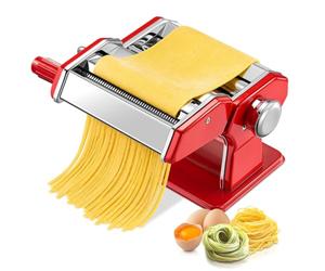 FOHERE Macchina per la Pasta Manuale Sfogliatrice Rossa 3in1 | Gusta la Tradizione Italiana: 7 Spessori Regolabili, 2 Larghezze di Taglio, Acciaio Inox e Morsetto di Fssaggio
