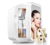 FOHERE Portatile Mini Frigo 5L, Piccolo Frigo Skincare con Specchio LED, Termoelettrico, Riscaldatore e Raffreddatore 220V AC per Ufficio, Dormitorio (bianco)