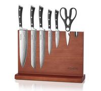 FOHERE Set di Coltelli da Cucina 7 Pezzi in Acciaio Inossidabile, Set di Coltelli con Ceppo Portacoltelli Doppio Lato Magnetico, Coltello da Cucina con Porta coltelli Magnetico in Acacia