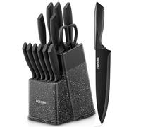 FOHERE Set di Coltelli da Cucina con Autoaffilante, 13 Pezzi, Coltelli da Cucina in Acciaio Inossidabile, Ceppo con Blocco in Plastica, Granito Nero