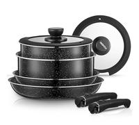 FOHERE Set di Pentole e Padelle 8 Pezzi con 2 Manici Amovibili e 2 Coperchi | Padella 20/28cm, Casseruola 16/20cm, Antiaderenti di Pentole, Alluminio, Adatto Induzione,Lavastoviglie, Gas e Forno