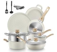 FOHERE Set Pentole e Padelle Induzione 15 Pezzi, Batteria da Cucina Antiaderente in Alluminio con Coperchi, Adatto a Tutti i Piani Cottura,Bianco