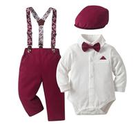 Fohuanky Tuta Elegante da Gentiluomo per Neonato con Bretelle, Pantaloni, Papillon e Coppola Abbigliamento Natalizio per Feste 6-24 Mesi (Rosso, 9-12 mesi)