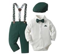 Fohuanky Tuta Elegante da Gentiluomo per Neonato con Bretelle, Pantaloni, Papillon e Coppola Abbigliamento Natalizio per Feste 6-24 Mesi (Verde, 6-9 mesi)