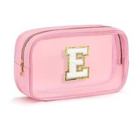 Fohufo Trousse da viaggio impermeabile con iniziale, organizer portatile per cosmetici con cerniera, borsa da toilette trasparente da donna, piccola custodia per trucco rosa, Rosa, Rosa-e