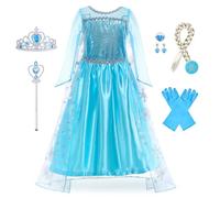 Foierp Elsa Vestito Set - Costume Elsa Anna Frozen Bambina Principessa con Corona Bacchetta Guanti Treccia per la Halloween Cosplay Party Compleanno Vestito Fantasia