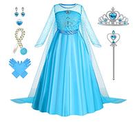Foierp Elsa Vestito Set - Costume Elsa Anna Frozen Bambina Principessa con Corona Bacchetta Guanti Treccia per la Halloween Cosplay Party Compleanno Vestito Fantasia
