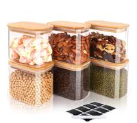 FoiiLiio 800 ML Rettangolari Barattoli Vetro con Coperchio Set di 6 Barattolo vetro con Coperchio in Bambù Barattoli Cucina vetro Ermetici per Spezie, Noci, Cereali -Φ12x8x10cm