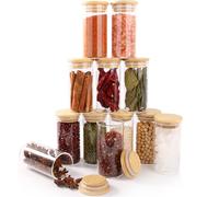 FoiiLiio Set da 12 Barattoli Spezie - 150ml Barattoli per Spezie con Coperchio in Bambù, Contenitori Spezie per Cucina Ermetici, Trasparente Vasetti Spezie con Etichette - Lavabili in Lavastoviglie
