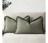Foindtower Set di 2 federe decorative in lino con frange lombari, stile bohémien, con nappe, morbide, per divano, letto, soggiorno, decorazione per la casa, 30,5 x 50,8 cm, verde oliva