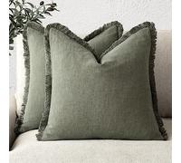 Foindtower Set di 2 federe decorative in lino con frange, stile bohémien e rustico, con nappe, morbide, copricuscino per divano, letto, soggiorno, decorazione per la casa, 45,7 x 45,7 cm, verde oliva