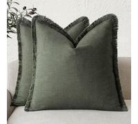 Foindtower Set di 2 federe decorative in lino con frange, stile rustico, con nappe, copricuscino per divano, letto, soggiorno, decorazione per la casa, 61 x 61 cm, verde oliva scuro