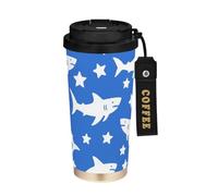 Foiosoh Bicchiere da viaggio per caffè con pesce e stella, blu scuro, con coperchio, tazza da viaggio in acciaio inox, per bevande calde e fredde, 500 ml, a prova di fuoriuscite