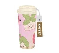 Foiosoh Bicchieri da caffè con fragola e casa, con coperchio, in acciaio inox, per bevande calde e fredde, a prova di fuoriuscite da 500 ml