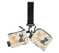 Foiosoh Carino Happy Cats beige doppio portafoglio da donna porta carte di lavoro minimalista cerniera contanti portamonete con cinturino da polso per donne uomini 2 confezioni, gatti felici carino