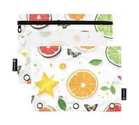 Foiosoh Confezione da 2 astucci a 3 anelli, con motivo a stella, con frutta arancione, frutta bianca, grandi tasche con cerniera per organizer da ufficio