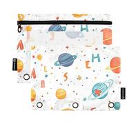 Foiosoh Confezione da 2 astucci bianchi con pianeti e alfabeto, 3 anelli, grandi tasche trasparenti per matite e matite per la scuola, utensili da scrittura