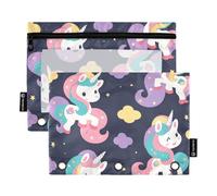 Foiosoh Confezione da 2 astucci blu con unicorni e nuvole a 3 anelli, multifunzionali, con cerniera, per utensili da scrittura scolastici, Unicorni e Nuvole Blu, 1 size, Moderno/aderente