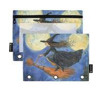 Foiosoh Confezione da 2 astucci blu per matite con strega e scopa per raccoglitori a 3 anelli, leggeri, con cerniera per organizzatori da ufficio