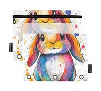 Foiosoh Confezione da 2 astucci carini a forma di coniglio con orecchie cadenti, 3 anelli, grande capacità, con cerniera, per la scuola, utensili da scrittura