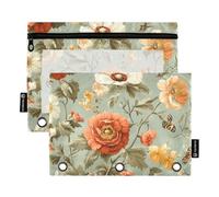 Foiosoh Confezione da 2 astucci con fiori di garofano arancione e verde acqua, 3 anelli, grande capacità, trasparenti, con cerniera, per scuola, ufficio, forniture universitarie