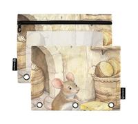 Foiosoh Confezione da 2 astucci gialli a 3 anelli con motivo animali e formaggio, leggeri e trasparenti, con cerniera, per scuola, ufficio, università