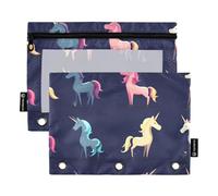 Foiosoh Confezione da 2 astucci grandi con unicorni magici blu navy a 3 anelli, con cerniera per riporre materiale scolastico