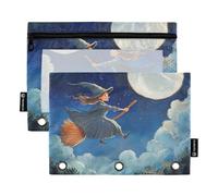 Foiosoh Confezione da 2 astucci per matite con strega volante e luce di luna, 3 anelli, grande capacità, con cerniera, per scuola, ufficio, forniture universitarie