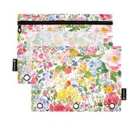 Foiosoh Confezione da 2 astucci trasparenti a 3 anelli con rose e fiori estivi, con cerniera, per scuola, ufficio, università