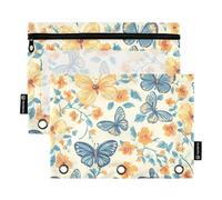 Foiosoh Confezione da 2 buste per matite gialle e farfalle e fiori 3 anelli portamatite portatile con finestra trasparente per riporre gli oggetti scolastici