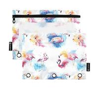 Foiosoh Confezione da 2 simpatici sacchetti per penne fenicottero bianco e blu, 3 anelli, raccoglitori portatili, tasche per penne con chiusura lampo, per scuola e ufficio, scuola