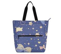 Foiosoh Graziosa borsa tote per bambini, ragazzi e ragazze, graziosa borsa per la spesa con stelle in stile cartone animato su blu e viola, grande borsa per libri per biblioteca, con manici con