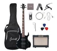 Fojill Cool Shape Full Size 4 Quattro Corde Basso Elettrico 10W Batteria Amplificatore Amplificatore Amplificatore per Principianti Starter Kit Combo Bundle Accessori Gig Bag, Picks, Capo, Cavo