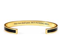 Fokayo Bracciale rigido con mantra This Too Shall Pass, But Fucking Hell in acciaio inossidabile ipoallergenico, con incisione e messaggio nascosto, regalo di gioielleria motivazionale (Black)