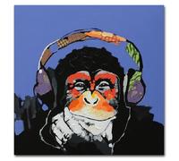 Fokenzary 100% dipinto a mano pittura a olio su tela pop art Bel Gorilla che ascolta musica con cuffie con cornice pronto da appendere, Tela, 24x24in