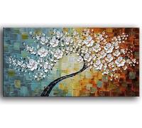 Fokenzary Dipinto a mano astratto moderno fiori spessi effetto 3D coltello tela pittura incorniciata pronta da appendere (50,8 x 101,6 cm)