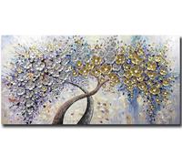 Fokenzary Dipinto a mano astratto moderno fiori spessi effetto 3D coltello tela pittura incorniciata pronta da appendere (50x100 cm)