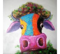 Fokenzary tela decorativa moderna multicolore dipinta a mano motivo mucca/toro stile pop art incorniciata e pronta da appendere Tela 24x24in