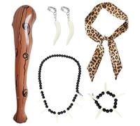 Fokroin 5 Accessori da Costume Cavernicola Bambina Adulti, Gonfiabile Clava per Capelli Leopardata Fascia Collana Avorio orecchini Braccialetto Fascia di Compleanno Festa per Adulti Bambini