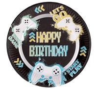 Folat 24966 Decorazione videogiochi-Piatti-Level Up-23 cm-8 pezzi-Stoviglie per feste di compleanno da Gaming Gamer, Black