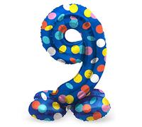 Folat 64789 Palloncino di alluminio Numero con Base Figura 9 Colorful Dots Multicolore 41 cm - decorazione palloncino per compleanno, anniversario, non è necessario l'elio