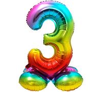 Folat-Number 64293 alluminio con Base Numero Figura 3 Arcobaleno 86 cm-decorazione palloncino di elio per compleanno, anniversario, Multicolore, Costumes
